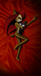 Size: 480x883 | Tagged: suggestive, artist:qwisse, sally acorn, shadow the hedgehog, 2010, barefoot, bed, character doll, holding something, lidded eyes, lineless, lying down, lying on side, solo, stuffed animal