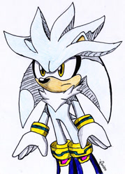 Size: 500x699 | Tagged: safe, artist:qwisse, silver the hedgehog, 2012, frown, looking offscreen, signature, simple background, solo, standing, traditional media, white background