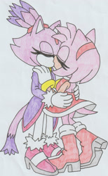 Size: 1920x3109 | Tagged: safe, artist:realgodzilla1998yt, amy rose, blaze the cat, 2026, amy x blaze, duo, eyes closed, holding each other, kiss, kiss on lips, lesbian, shipping, simple background, traditional media, treads, white background