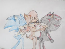Size: 640x480 | Tagged: suggestive, artist:funnyhedgehog23, sally acorn, shadow the hedgehog, sonic the hedgehog, 2014, breasts, crack shipping, eyes closed, featureless breasts, lidded eyes, love triangle, mouth open, sally x shadow, sally x shadow x sonic, sally x sonic, shipping, simple background, sitting, straight, tongue out, traditional media, trio, white background