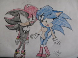 Size: 640x480 | Tagged: safe, artist:funnyhedgehog23, shadow the hedgehog, sonic the hedgehog, 2014, alternate hairstyle, alternate outfit, boots, breasts, duo, eye clipping through hair, featureless breasts, frown, gender swap, mouth open, one fang, signature, traditional media