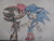 Size: 640x480 | Tagged: safe, artist:funnyhedgehog23, shadow the hedgehog, sonic the hedgehog, 2014, alternate hairstyle, alternate outfit, boots, breasts, duo, eye clipping through hair, featureless breasts, frown, gender swap, mouth open, one fang, signature, traditional media