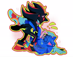 Size: 2048x1604 | Tagged: safe, artist:monich4, shadow the hedgehog, sonic the hedgehog, hedgehog, 2026, duo, fight, gay, holding them, lidded eyes, looking at each other, male, outline, shadow x sonic, shipping, smile, soap shoes