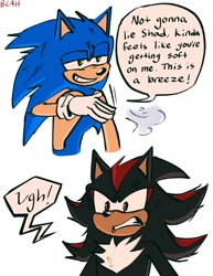 Size: 1159x1500 | Tagged: safe, artist:blahlahblash, shadow the hedgehog, sonic the hedgehog, hedgehog, comic:an old comic (blahlahblash), 2025, clenched teeth, comic, duo, english text, grin, lidded eyes, male, simple background, smile, speech bubble, white background