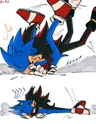 Size: 1159x1500 | Tagged: safe, artist:blahlahblash, shadow the hedgehog, sonic the hedgehog, hedgehog, comic:an old comic (blahlahblash), comic, duo, eyes closed, gay, lying down, lying on them, male, mouth open, shadow x sonic, shipping, simple background, white background