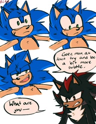 Size: 1159x1500 | Tagged: safe, artist:blahlahblash, shadow the hedgehog, sonic the hedgehog, hedgehog, comic:an old comic (blahlahblash), 2025, comic, duo, english text, flirting, gay, lidded eyes, looking at them, male, mouth open, shadow x sonic, shipping, simple background, smile, speech bubble, white background