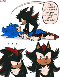Size: 1159x1500 | Tagged: safe, artist:blahlahblash, shadow the hedgehog, sonic the hedgehog, hedgehog, comic:an old comic (blahlahblash), ..., 2025, blushing, comic, duo, english text, flirting, gay, grin, looking at each other, looking at them, lying down, male, pinning them, shadow x sonic, shipping, simple background, smile, speech bubble, white background