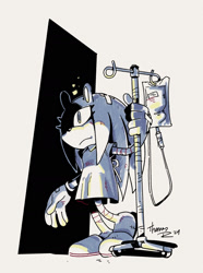 Size: 1145x1538 | Tagged: safe, artist:thomas_rsvd, surge the tenrec, tenrec, 2024, bandage, female, holding something, intravenous drip, iv stand, monochrome, simple background, solo, standing, white background