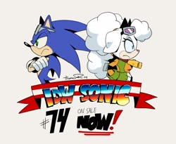 Size: 1800x1473 | Tagged: safe, artist:thomas_rsvd, lanolin the sheep, sonic the hedgehog, hedgehog, sheep, 2024, arms folded, back to back, banner, duo, english text, female, frown, male, simple background, sonic the hedgehog (idw)