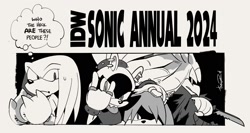 Size: 1714x915 | Tagged: safe, artist:thomas_rsvd, kit the fennec, knuckles the echidna, mimic the octopus, surge the tenrec, tenrec, 2024, devil horns (gesture), english text, female, fennec, greyscale, group, hand on another's head, holding something, male, monochrome, octopus, simple background, sonic the hedgehog (idw), thought bubble, tongue out, weapon, white background