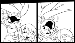 Size: 1020x585 | Tagged: safe, artist:thomas_rsvd, kit the fennec, surge the tenrec, tenrec, 2024, comic, duo, female, fennec, finger in ear, greyscale, hands on own head, line art, looking at them, male, monochrome, mouth open, simple background, sonic the hedgehog (idw), white background