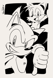 Size: 603x877 | Tagged: safe, artist:thomas_rsvd, miles "tails" prower, sonic the hedgehog, fox, hedgehog, 2024, duo, greyscale, grin, looking at viewer, male, monochrome, mouth open, simple background, smile