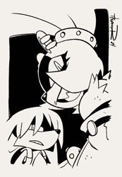 Size: 625x904 | Tagged: safe, artist:thomas_rsvd, kit the fennec, surge the tenrec, tenrec, 2024, duo, female, fennec, greyscale, looking at viewer, male, monochrome, simple background, smile