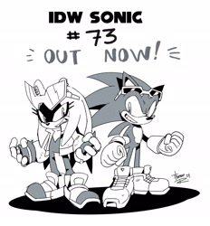 Size: 1346x1449 | Tagged: safe, artist:thomas_rsvd, sonic the hedgehog, surge the tenrec, hedgehog, tenrec, 2024, clenched fists, duo, english text, eyewear on head, female, greyscale, grin, looking at each other, looking at them, male, monochrome, riders outfit, simple background, smile, sonic riders, sonic the hedgehog (idw), standing, sunglasses, white background