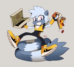 Size: 1177x1063 | Tagged: safe, artist:thomas_rsvd, tangle the lemur, lemur, 2024, female, food, grey background, holding something, looking at viewer, pizza, simple background, smile, solo