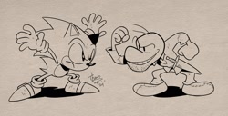 Size: 2520x1295 | Tagged: safe, artist:thomas_rsvd, sonic the hedgehog, hedgehog, 2024, bone (series), classic sonic, classic sonic (universe), clenched teeth, crossover, duo, frown, greyscale, looking at each other, looking at them, male, monochrome, simple background, standing, weapon