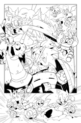 Size: 1031x1566 | Tagged: safe, artist:thomas_rsvd, caterkiller, egg pawn, sonic the hedgehog, 2024, badnik, greyscale, grin, group, holding something, line art, monochrome, mouth open, robot, running, smile, sonic the hedgehog (idw), weapon