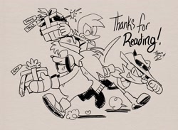 Size: 4096x2997 | Tagged: safe, artist:thomas_rsvd, bark the polar bear, bean the dynamite, nack the weasel, polar bear, 2024, english text, gift box, grey background, greyscale, hat, holding something, looking at viewer, male, monochrome, present, running, simple background, smile, team hooligan, trio