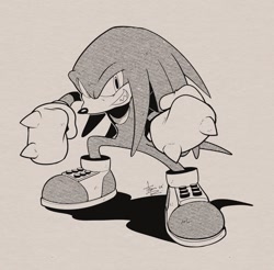 Size: 1782x1754 | Tagged: safe, artist:thomas_rsvd, knuckles the echidna, echidna, 2024, clenched fists, grey background, greyscale, grin, looking at viewer, male, monochrome, sharp teeth, simple background, smile, solo, standing