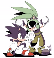 Size: 1901x2048 | Tagged: safe, artist:thomas_rsvd, sonic the hedgehog, surge the tenrec, hedgehog, tenrec, 2023, duo, female, grin, looking at viewer, male, ring (jewelry), sharp teeth, simple background, smile, standing, thumbs down, white background