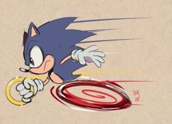 Size: 930x675 | Tagged: safe, artist:thomas_rsvd, sonic the hedgehog, 2023, brown background, classic sonic, classic sonic (universe), from side, holding something, ring, running, simple background, solo
