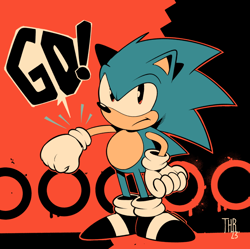 Size: 742x739 | Tagged: safe, artist:thomas_rsvd, sonic the hedgehog, 2023, classic sonic, classic sonic (universe), clenched fist, english text, frown, limited palette, looking at viewer, ring, solo, standing