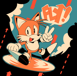 Size: 742x739 | Tagged: safe, artist:thomas_rsvd, miles "tails" prower, fox, 2023, arrow, classic sonic (universe), classic tails, flying, looking at viewer, male, mouth open, smile, solo, v sign