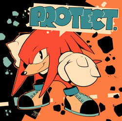 Size: 742x739 | Tagged: safe, artist:thomas_rsvd, knuckles the echidna, echidna, 2023, classic knuckles, classic sonic (universe), clenched fists, english text, limited palette, looking at viewer, male, smile, solo, standing
