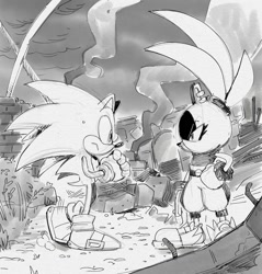 Size: 1297x1357 | Tagged: safe, artist:thomas_rsvd, sonic the hedgehog, surge the tenrec, hedgehog, tenrec, 2023, duo, female, frown, greyscale, looking at each other, looking at them, male, monochrome, outdoors, sketch, standing