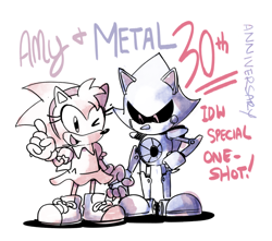 Size: 864x764 | Tagged: safe, artist:thomas_rsvd, metal sonic, hedgehog, 2023, character name, classic amy, classic metal sonic, classic sonic (universe), duo, english text, holding hands, mouth open, robot, simple background, smile, sonic the hedgehog (idw), standing, white background, wink