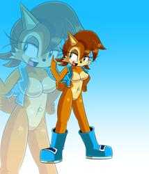 Size: 1518x1776 | Tagged: safe, artist:giga6152, sally acorn, chipmunk, 2023, alternate version, echo background, female, gradient background, open mouth, pose, sally's vest and boots, solo, standing, teeth, tongue