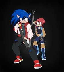 Size: 1564x1764 | Tagged: safe, artist:drfoxweyman, sally acorn, sonic the hedgehog, chipmunk, hedgehog, 2026, alternate universe, angry, artist name, black background, blood, boots, bruise, clothes, duo, english text, female, fingerless gloves, fully clothed, gloves, gun, holding something, jacket, looking offscreen, male, pants, revolver, sally x sonic, sally's ringblader outfit, scar, shipping, shirt, shoes, shorts, shotgun, simple background, smoke, standing, straight, t-shirt, torn clothes, weapon, wound