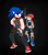 Size: 1564x1764 | Tagged: safe, artist:drfoxweyman, sally acorn, sonic the hedgehog, chipmunk, hedgehog, 2026, alternate universe, angry, archie sonic the hedgehog, artist name, black background, blood, boots, bruise, clothes, duo, english text, female, fingerless gloves, fully clothed, gloves, gun, holding something, jacket, looking offscreen, male, pants, revolver, sally x sonic, sally's ringblader outfit, scar, shipping, shirt, shoes, shorts, shotgun, simple background, smoke, standing, straight, t-shirt, torn clothes, weapon, wound