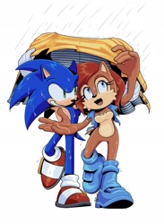 Size: 1500x2048 | Tagged: safe, artist:jadepesky, sally acorn, sonic the hedgehog, chipmunk, hedgehog, 2026, duo, female, grin, holding something, looking at them, male, open mouth, open smile, rain, raincoat, sally x sonic, sally's vest and boots, shipping, simple background, smile, smiling at them, straight, walking, wet, white background