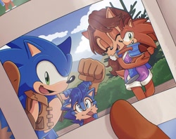 Size: 1640x1297 | Tagged: safe, artist:jadepesky, manik acorn, sally acorn, sonia acorn, sonic the hedgehog, chipmunk, hedgehog, 2026, adult, carrying them, child, daytime, duo, eyes closed, family, father and child, father and daughter, father and son, female, happy, holding something, male, mother and child, mother and daughter, open mouth, open smile, outdoors, parent and child, parent:sally, parent:sonic, parents:sonally, photo, photograph, plant, pose, sally x sonic, shipping, smile, smiling at viewer, straight, teeth, tongue, tongue out, vest