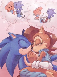 Size: 1267x1708 | Tagged: safe, artist:jadepesky, sally acorn, sonic the hedgehog, chipmunk, hedgehog, 2026, candle, carrying them, chair, dreaming, duo, eyes closed, female, kiss, looking at each other, looking offscreen, lying down, male, open mouth, open smile, pink background, running, sally x sonic, sally's vest and boots, shipping, simple background, sitting, sleeping, smile, straight, table, talking, thought bubble