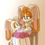 Size: 960x960 | Tagged: safe, artist:zack113, cream the rabbit, vanilla the rabbit, rabbit, chair, duo, duo female, female, gradient background, hand on another's face, looking at each other, sitting, smile, smiling at each other, standing, words on a shirt