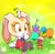 Size: 1139x1117 | Tagged: safe, artist:marimo838, cream the rabbit, rabbit, child, clothes, cream's dress, dress, easter egg, egg, eggshell, female, grass, group, looking at them, mouth open, pikmin, sitting, sitting on them, standing