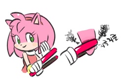 Size: 1000x688 | Tagged: safe, artist:marimo838, amy rose, holding something, korean text, simple background, smile, solo, white background