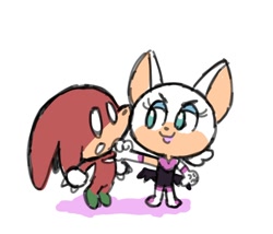 Size: 882x756 | Tagged: safe, artist:marimo838, knuckles the echidna, rouge the bat, chibi, duo, knuxouge, looking at each other, looking at them, mouth open, shipping, simple background, smile, standing, straight, white background
