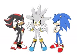 Size: 2000x1422 | Tagged: safe, artist:marimo838, shadow the hedgehog, silver the hedgehog, sonic the hedgehog, hedgehog, arms folded, double v sign, duo, frown, grin, lidded eyes, male, personality swap, simple background, smile, standing, sweat, v sign, white background