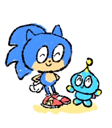 Size: 720x822 | Tagged: safe, artist:marimo838, sonic the hedgehog, chao, duo, eyes closed, neutral chao, simple background, smile, standing, white background