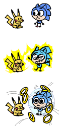 Size: 350x750 | Tagged: safe, artist:marimo838, sonic the hedgehog, comic, duo, electricity, electrocution, eyes closed, looking at each other, looking at them, pikachu, pokemon, ring, shield, simple background, standing, white background