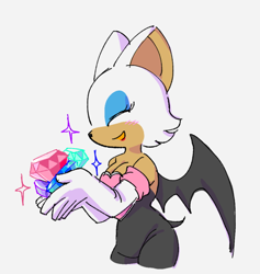 Size: 600x633 | Tagged: safe, artist:marimo838, rouge the bat, bat, blushing, chaos emerald, eyes closed, female, happy, holding something, mouth open, open smile, simple background, smile, solo, sparkles, that bat sure loves jewels, white background