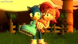 Size: 1920x1080 | Tagged: safe, artist:jcthornton, artist:micktrap397, sally acorn, sonic the hedgehog, chipmunk, hedgehog, green hill zone, 2024, 3d, carrying them, duo, female, fence, gmod, grin, looking at each other, male, redraw, sally x sonic, sally's vest and boots, shipping, smile, smiling at each other, straight, sunset