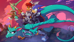 Size: 2560x1440 | Tagged: safe, artist:vladimirjazz, dulcy the dragon, sally acorn, sonic the hedgehog, chipmunk, hedgehog, 2022, armor, axe, cape, clothes, clouds, crossover, day, dragon, female, fire emblem (nintendo series), flying, fully clothed, grin, holding hands, holding something, knight armor, male, nintendo, open mouth, open smile, sally x sonic, shipping, smile, straight, sword, trio, weapon