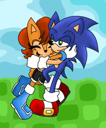 Size: 800x967 | Tagged: safe, artist:outthereotaku, sally acorn, sonic the hedgehog, chipmunk, hedgehog, 2018, daytime, duo, eyes closed, female, grass, grass field, happy, hugging, looking at them, male, open smile, sally x sonic, sally's ringblader outfit, shipping, smile, straight