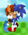 Size: 800x967 | Tagged: safe, artist:outthereotaku, sally acorn, sonic the hedgehog, chipmunk, hedgehog, 2018, archie sonic the hedgehog, daytime, duo, eyes closed, female, grass, grass field, happy, hugging, looking at them, male, open smile, sally x sonic, sally's ringblader outfit, shipping, smile, straight