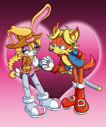 Size: 900x1080 | Tagged: safe, artist:bellseashell, antoine d'coolette, bunnie rabbot, coyote, rabbit, 2024, buntoine, cowboy hat, cybernetic, cyborg, duo, female, hand behind back, hat, heart, heart background, jacket, looking at each other, male, shipping, smile, smiling at each other, standing, straight, sword, watermark, weapon