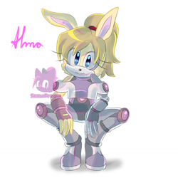 Size: 1280x1280 | Tagged: safe, artist:sirinadream, oc, oc:alma d' coolette (sirinadream), rabbit, 2026, cybernetic, cyborg, fankid, female, looking at viewer, parent:antoine, parent:bunnie, parents:buntoine, ponytail, pose, simple background, smile, smiling at viewer, solo, squatting, watermark, white background